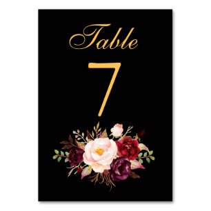 Special -  Floral Burgundy Black Gold Wedding Table Number