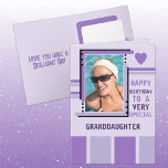 Special granddaughter add photo purple birthday card<br><div class="desc">Personalise this Birthday greeting Card for your granddaughter,  or change to suit.
Add a photo and message.
Happy birthday to a very special granddaughter.
Designed in purple and lilac with stripes and a love heart.</div>