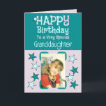 Special granddaughter photo turquoise birthday card<br><div class="desc">Happy birthday to a very special granddaughter.
Add a photo and message.
Turquoise,  lilac and blue with stars.</div>