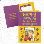 Special granddaughter photo yellow purple birthday card<br><div class="desc">Happy birthday to a very special granddaughter.
Add a photo and message.
Purple,  yellow and green with stars.</div>