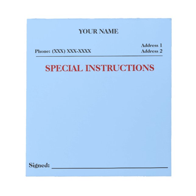 Special Instructions Slip Note Pad (Blue) (Front)