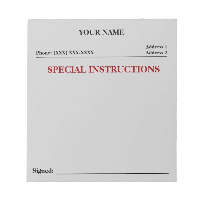 Special Instructions Slip Note Pad (Grey) (Front)