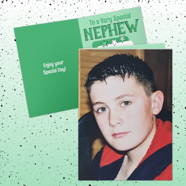 Special nephew green white photo birthday card (Creator Uploaded)