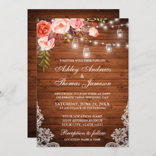 Special - Rustic Wood Coral Floral Wedding Invitation
