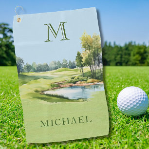 Special  Watercolor Golf Course Monogram Name Golf Towel