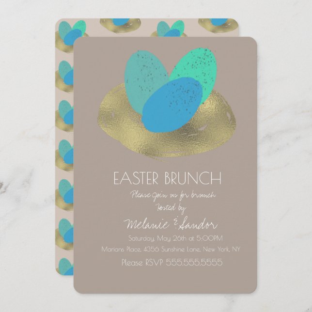 Speckled Easter Egg Gold Nest Dinner Brunch Family Invitation (Front/Back)
