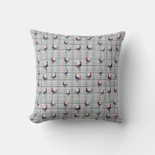Speckled Fluffy Rooster On White Checks Tartan, Cushion