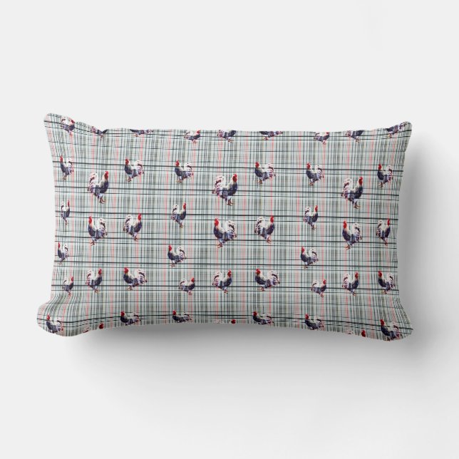 Speckled Fluffy Rooster On White Checks Tartan, Lumbar Cushion (Front)
