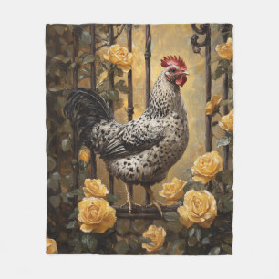 Speckled Hen with Yellow Roses Oil Painting Fleece Blanket
