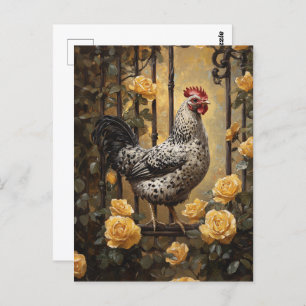 Speckled Hen with Yellow Roses Oil Painting Postcard