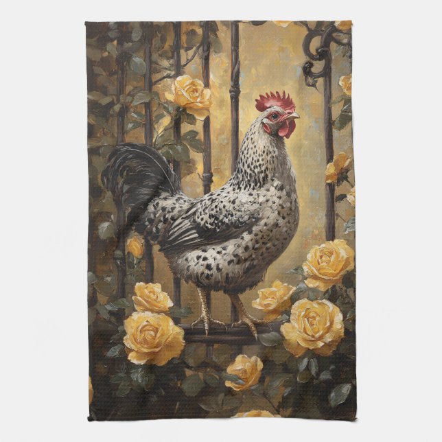 Speckled Hen with Yellow Roses Oil Painting Tea Towel (Vertical)