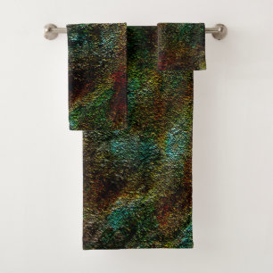 Speckled wall texture, in green and coral colours bath towel set