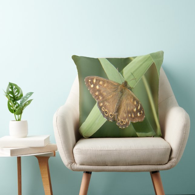 Speckled Wood Butterfly on Green Throw Pillow (Chair)
