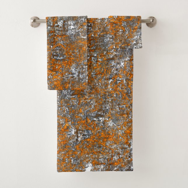 Speckled yellowish orange on whitish grey scratch bath towel set (Insitu)