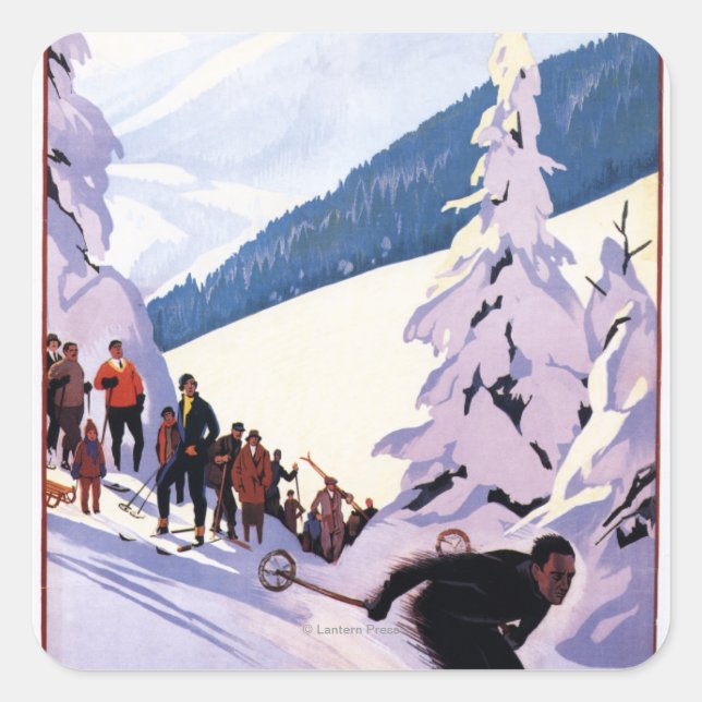 Spectators Watching Skier Poster Square Sticker (Front)