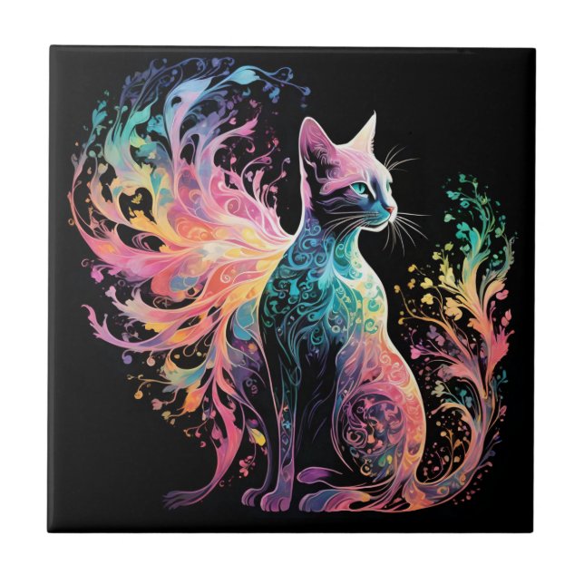 Spectral Holographical Cat: A Prism of Elegance Ceramic Tile (Front)