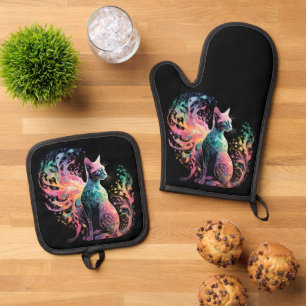 Spectral Holographical Cat: A Prism of Elegance Oven Mitt & Pot Holder Set