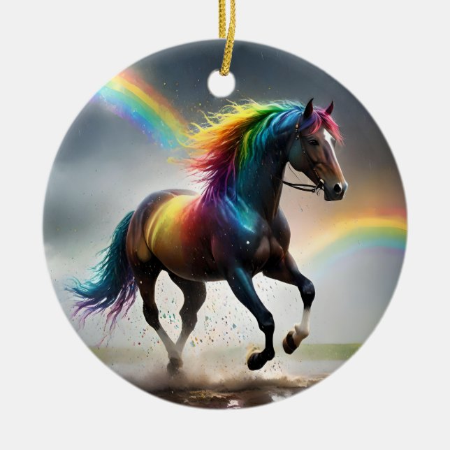 Spectrum of Grace: Rainbow Horse Beneath Rainbows Ceramic Ornament (Front)