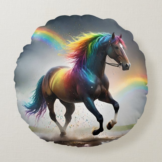 Spectrum of Grace: Rainbow Horse Beneath Rainbows Round Cushion (Front)