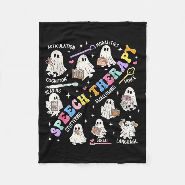 Speech Therapy Retro Groovy Funny Halloween Ghost Fleece Blanket (Front)