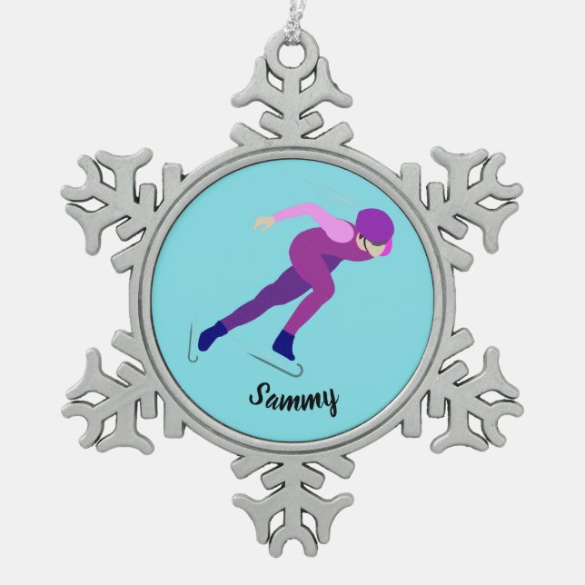 Speed Skating Snowflake Pewter Christmas Ornament (Front)