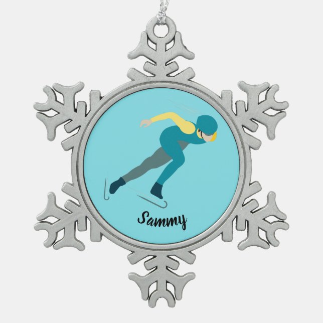 Speed Skating Snowflake Pewter Christmas Ornament (Front)