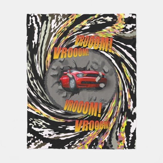 Speeding Red Sports Car Crashing through Wall Fleece Blanket (Front)
