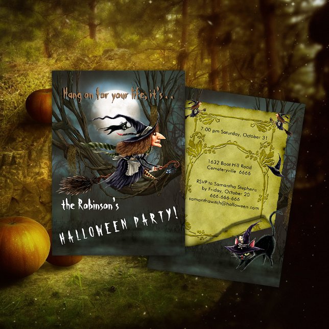 Speeding Witch on Broomstick Halloween Invitation (Creator Uploaded)
