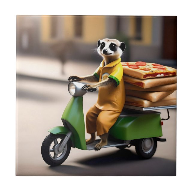 Speedy Service: Meerkat Delivers Pizza in Tuk-tuk Ceramic Tile (Front)
