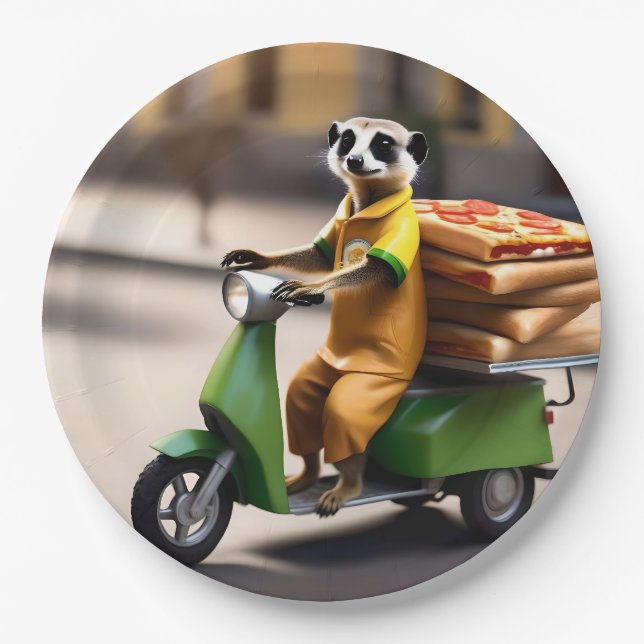 Speedy Service: Meerkat Delivers Pizza in Tuk-tuk Paper Plate (Front)