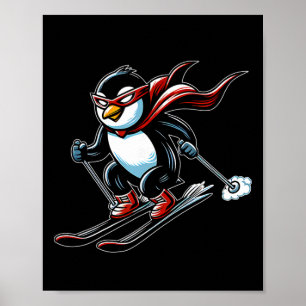 Speedy Skiing Penguin With Red Cape Mascot Alpine  Poster
