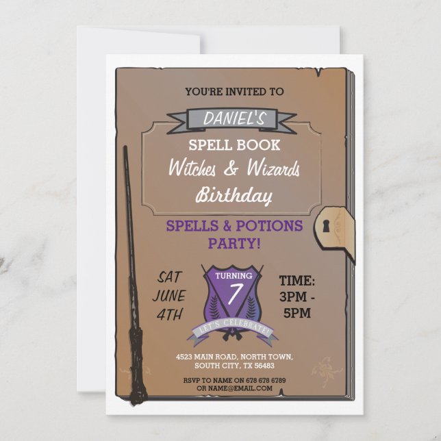 Spell Book Wizards Witches Birthday Party Invite (Front)