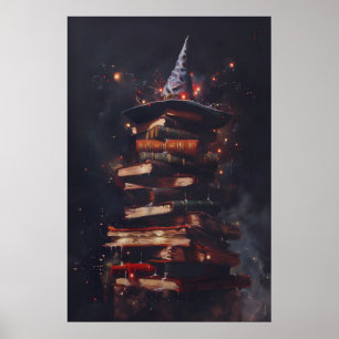 Spell Books with Witchy Wizard Hat Magical Wall Poster