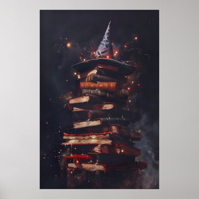 Spell Books with Witchy Wizard Hat Magical Wall Poster (Front)