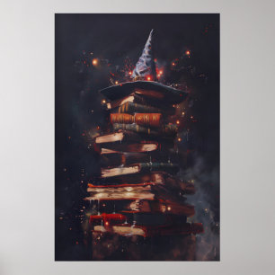 Spell Books with Witchy Wizard Hat Magical Wall Poster
