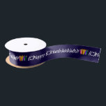 Spell Chanukah Colourful Satin Ribbon<br><div class="desc">No matter how you spell Chanukah (Hanukkah),  it's covered in this omnibus approach. The greeting alternates with a colourful group of candles and the ribbon has a deep blue background with white lettering and rainbow-hued candles.</div>
