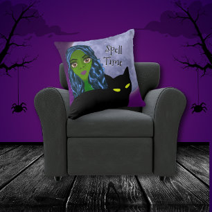 Spell Time Green Witch Black Cat Blue Full Moon Cushion