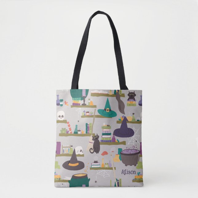 Spellcaster Shelves Witch Halloween Tote Bag (Front)