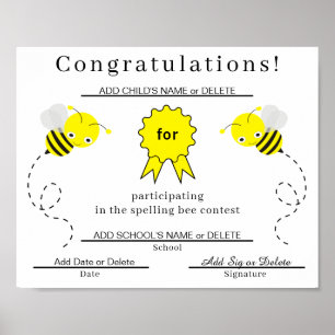 Spelling Bee Participant Certificate for Kids Poster