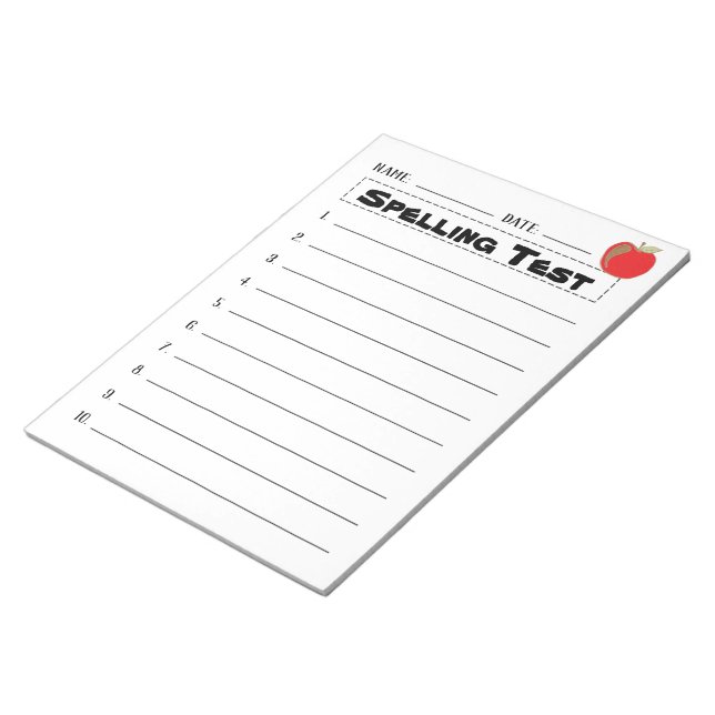Spelling test notepad with a red apple (Angled)