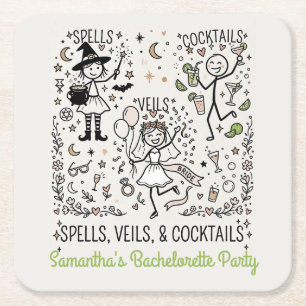 Spells, Veils, and Cocktails Bachelorette Party Square Paper Coaster