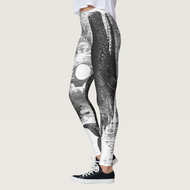 Sperm Whale Breaching, Vintage Marine Life Animals Leggings (Left)