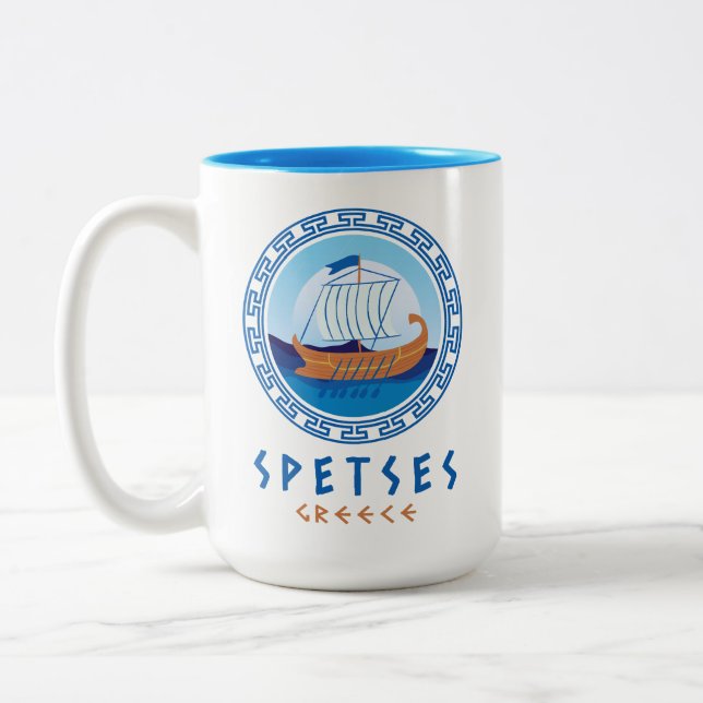 Spetses, Greece Greek Ship Design Two-Tone Coffee Mug (Left)