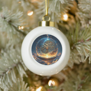 Sphere of Life – The Golden World Tree. Ceramic Ball Christmas Ornament