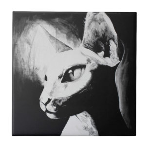 Sphynx Cat Black White Contrast Kitty Portrait Art Tile