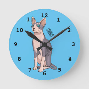 Sphynx cat cartoon illustration round clock