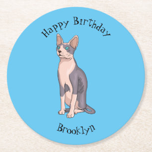 Sphynx cat cartoon illustration round paper coaster