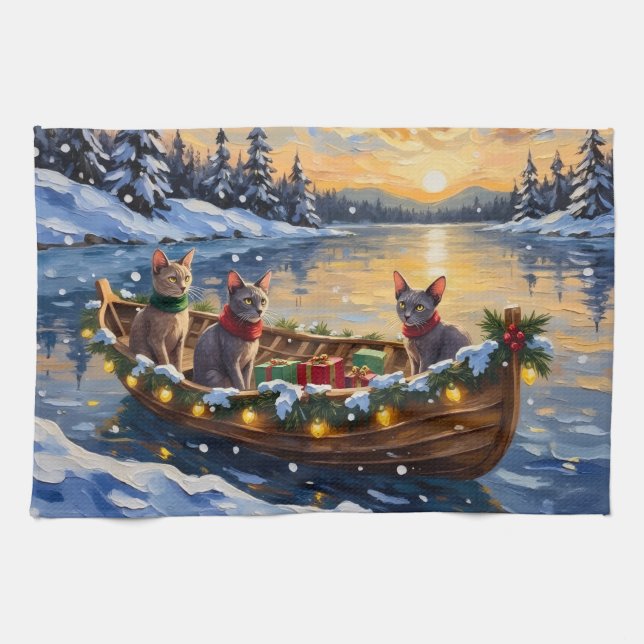 Sphynx Cat Christmas Boat Holiday Tea Towel (Horizontal)