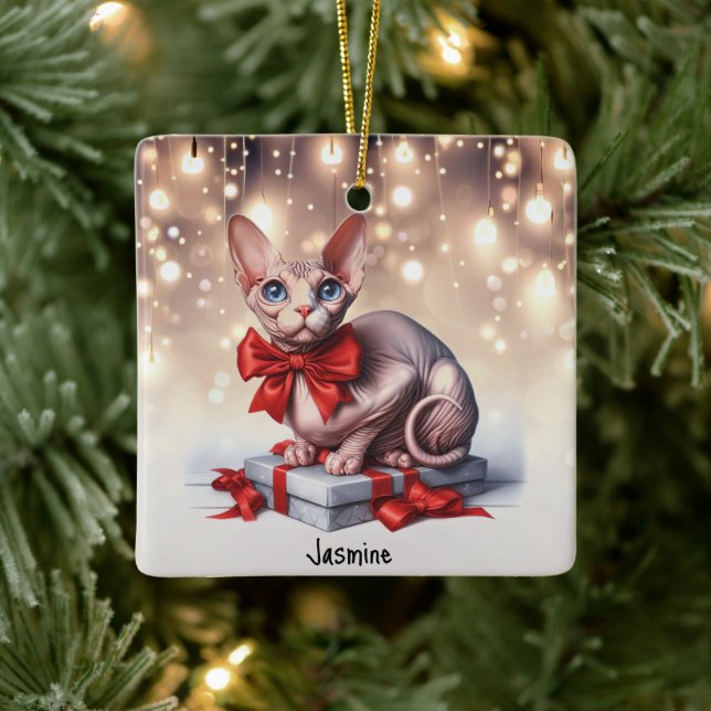 Sphynx Cat Christmas Ceramic Ornament (Tree)