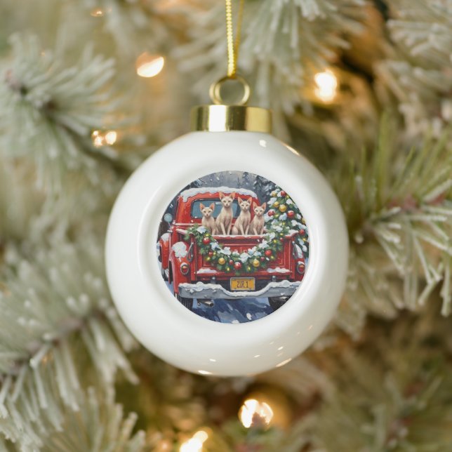 Sphynx Cat Christmas Red Truck Holiday Ceramic Ball Christmas Ornament (Tree)
